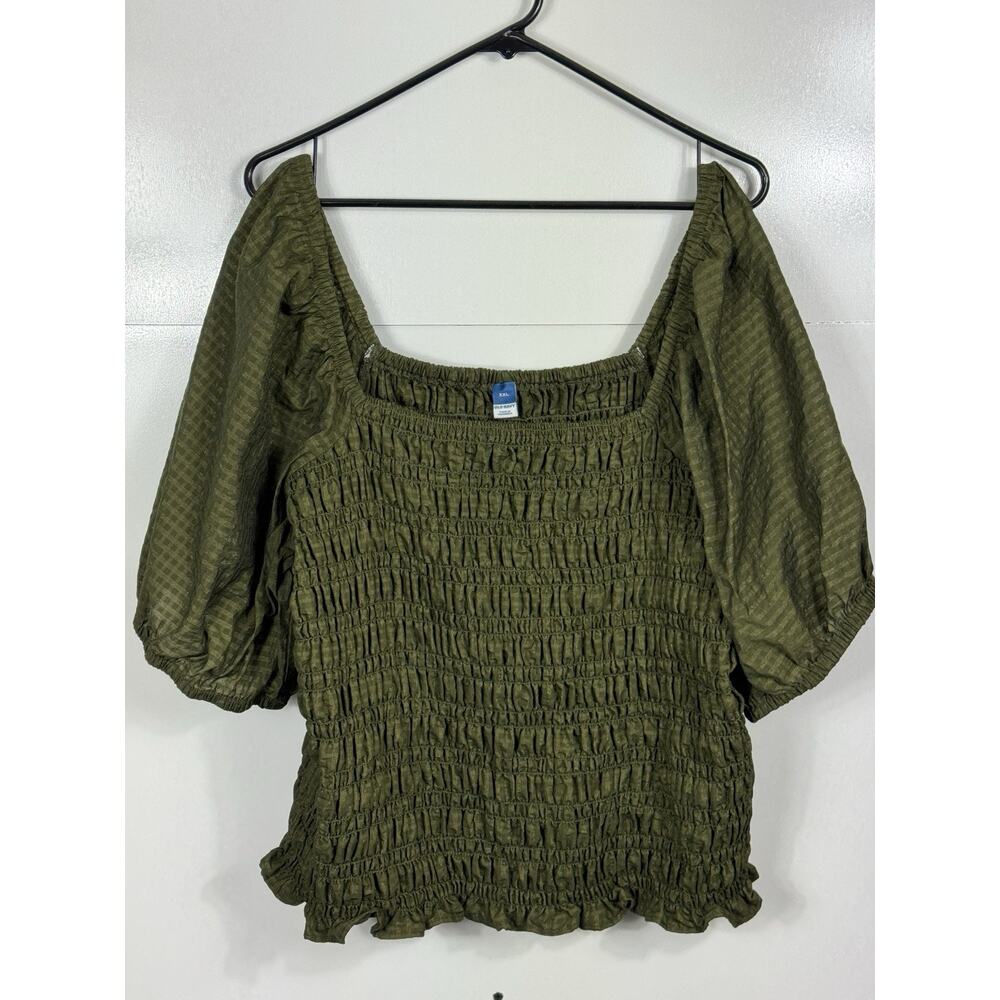 Old Navy Smocked Peasant Top Womens XXL Olive Puff Sleeve Boho Blouse
